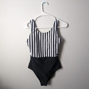 Black and White Striped Swimming Suit